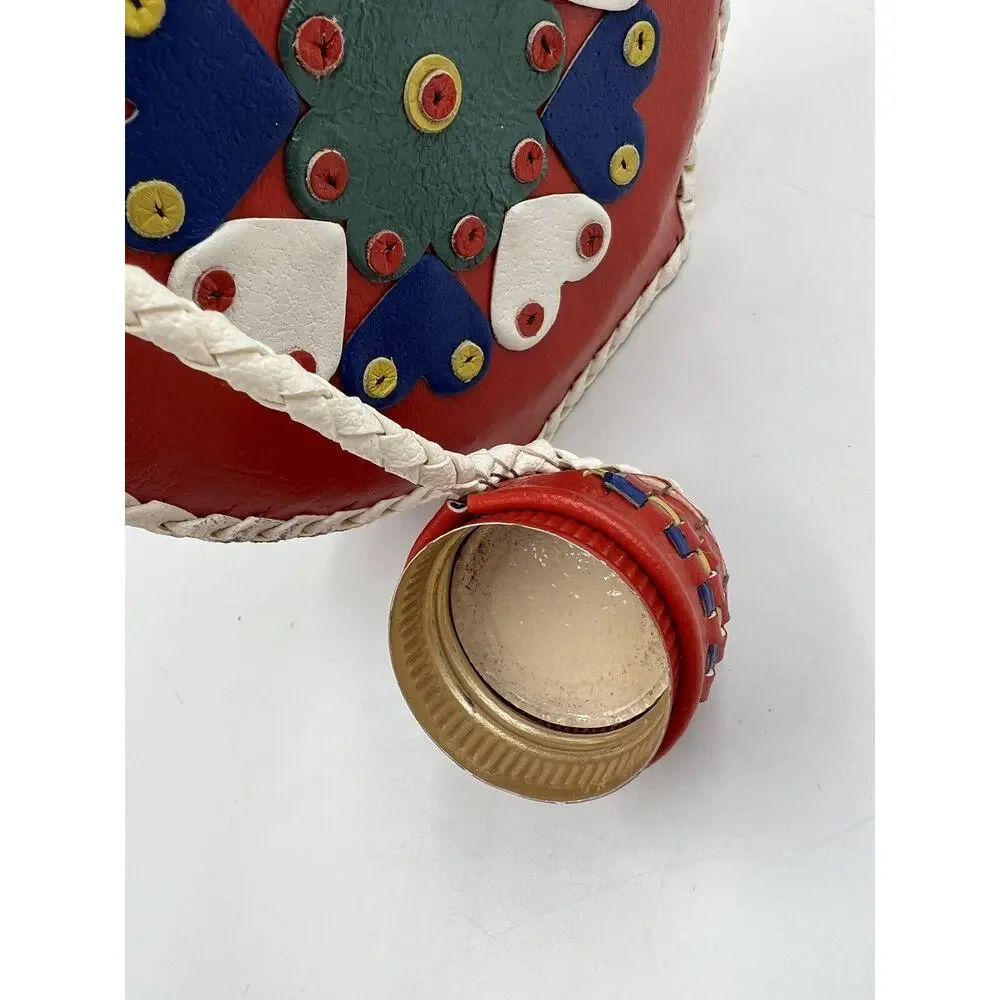 Vintage Leather‎ Braid Wrapped Covered Bottle/Decanter Hearts Red Folk Art